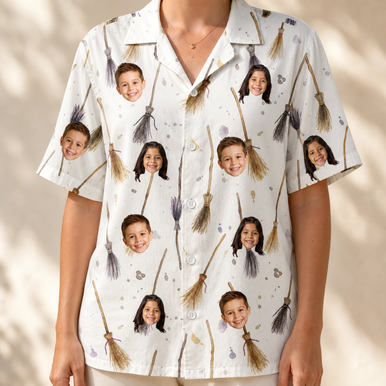 Model wearing Women's Cackle Commuters Custom Face Hawaiian Shirt printed with kids' faces