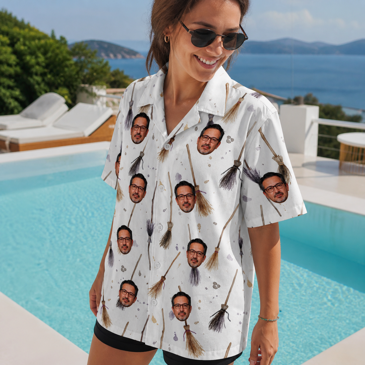 Real-life photo of someone wearing Women's Cackle Commuters Custom Face Hawaiian Shirt — custom faces printed all-over
