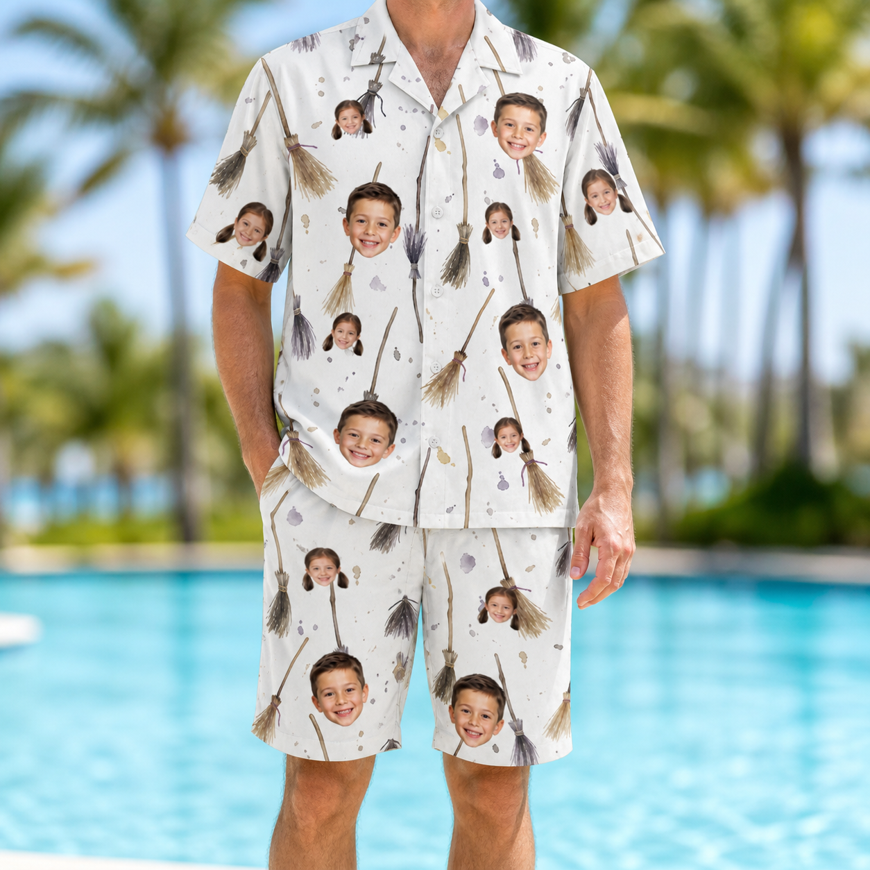 Model wearing Men's Cackle Commuters Custom Face Shirt & Shorts Set printed with kids' faces
