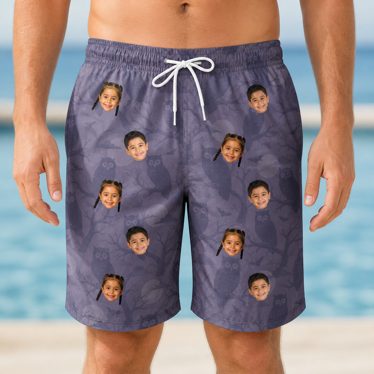 Model wearing Men's Eerie Eyries Custom Face Beach Shorts printed with kids' faces
