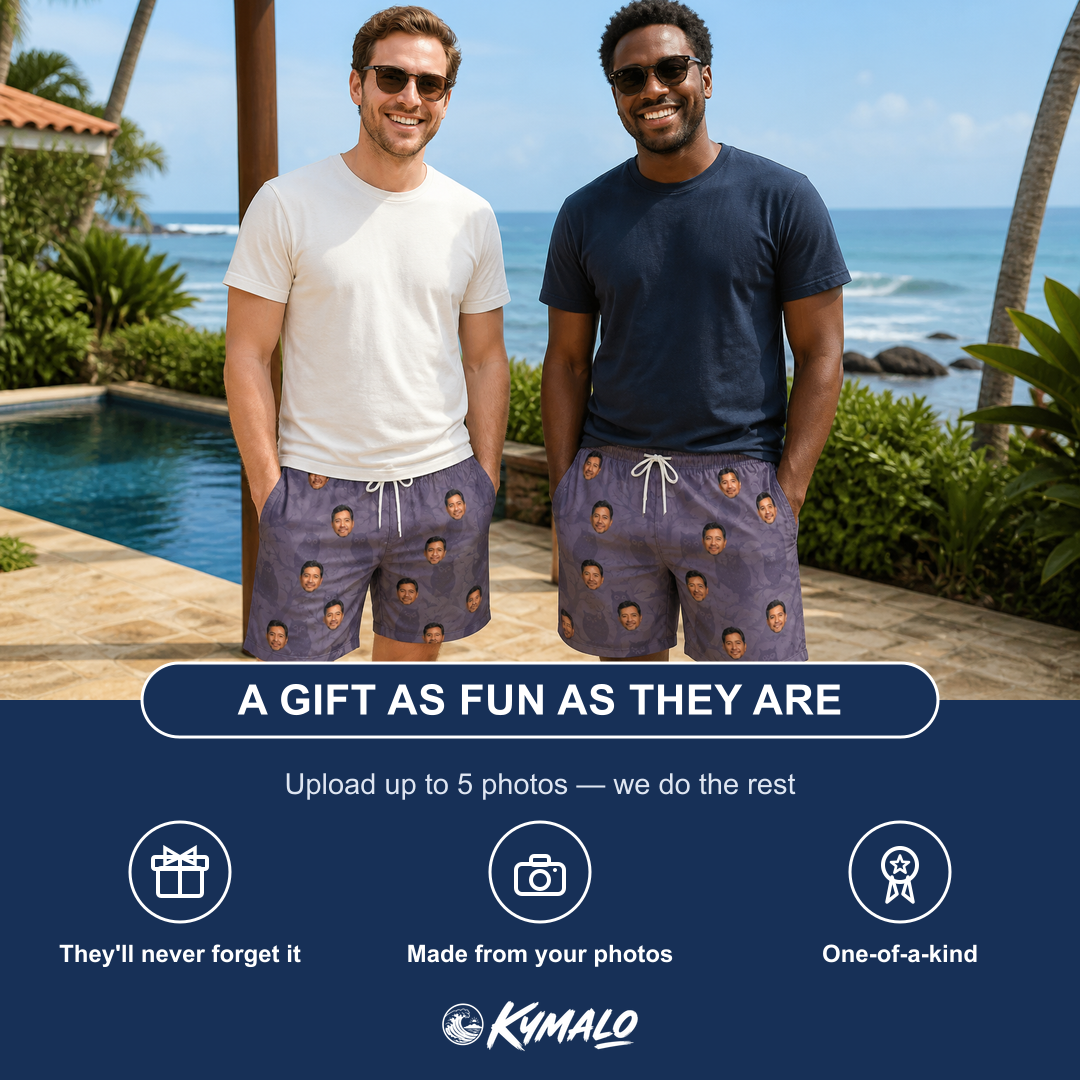 Friends in matching Men's Eerie Eyries Custom Face Beach Shorts — a group gift photo