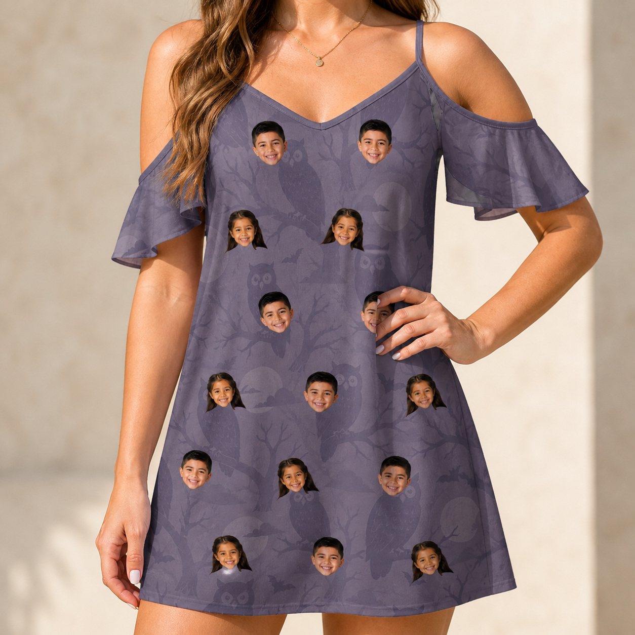 Model wearing Women's Eerie Eyries Custom Face Off-Shoulder Dress printed with kids' faces