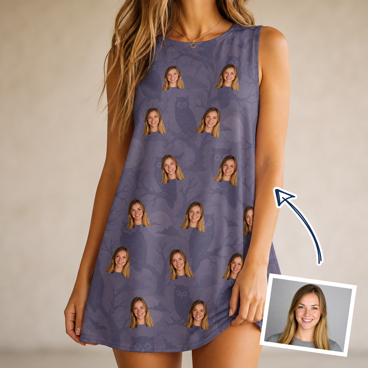 Woman wearing Women's Eerie Eyries Custom Face Tank Dress — custom faces printed all-over