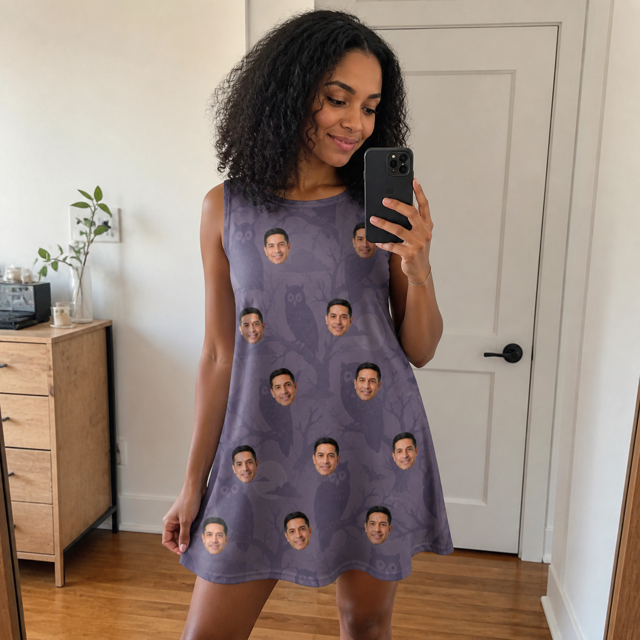 Real-life photo of someone wearing Women's Eerie Eyries Custom Face Tank Dress — custom faces printed all-over