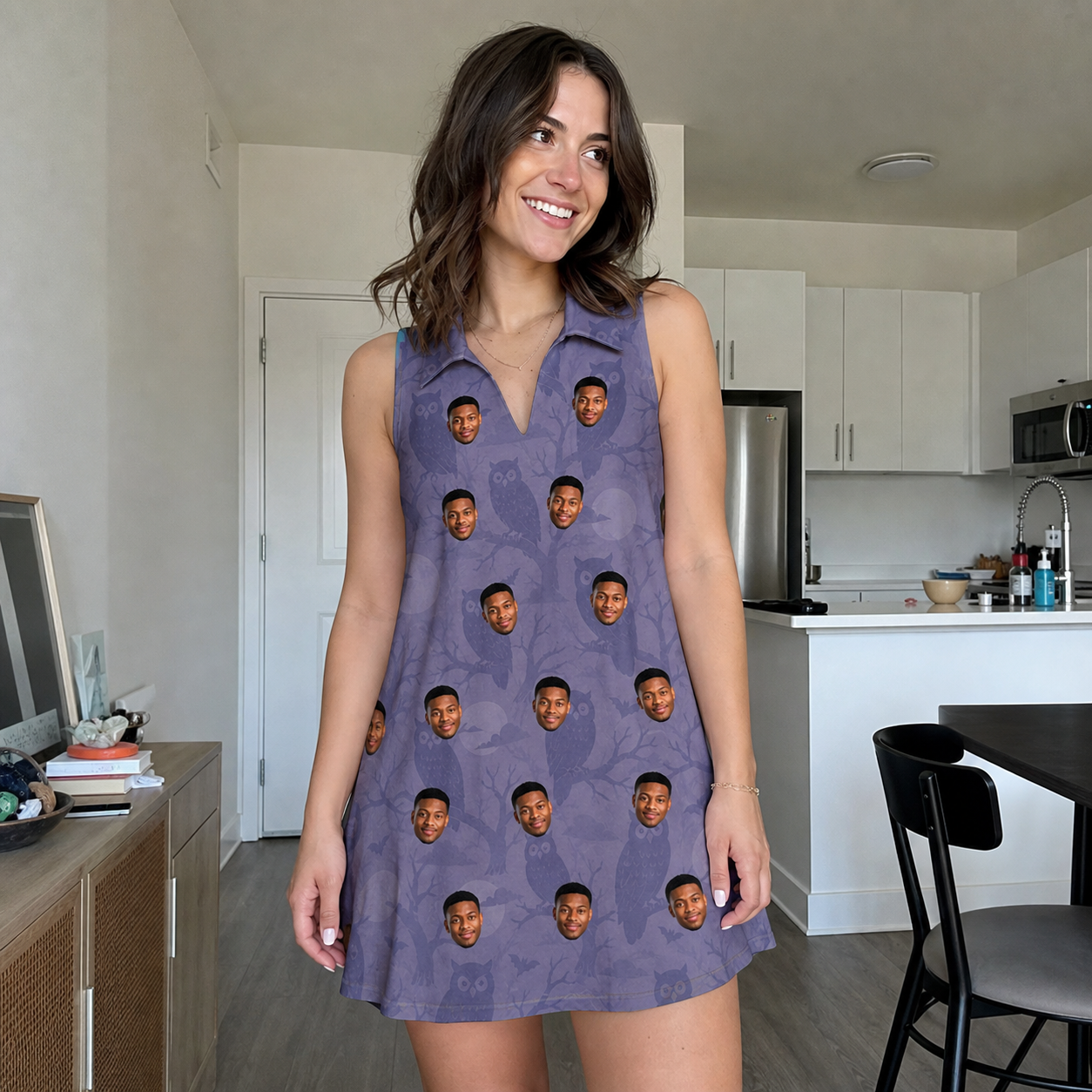 Real-life photo of someone wearing Women's Eerie Eyries Custom Face V-Neck Dress — custom faces printed all-over