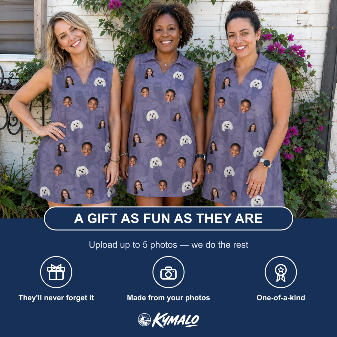 Friends in matching Women's Eerie Eyries Custom Face V-Neck Dress — a group gift photo