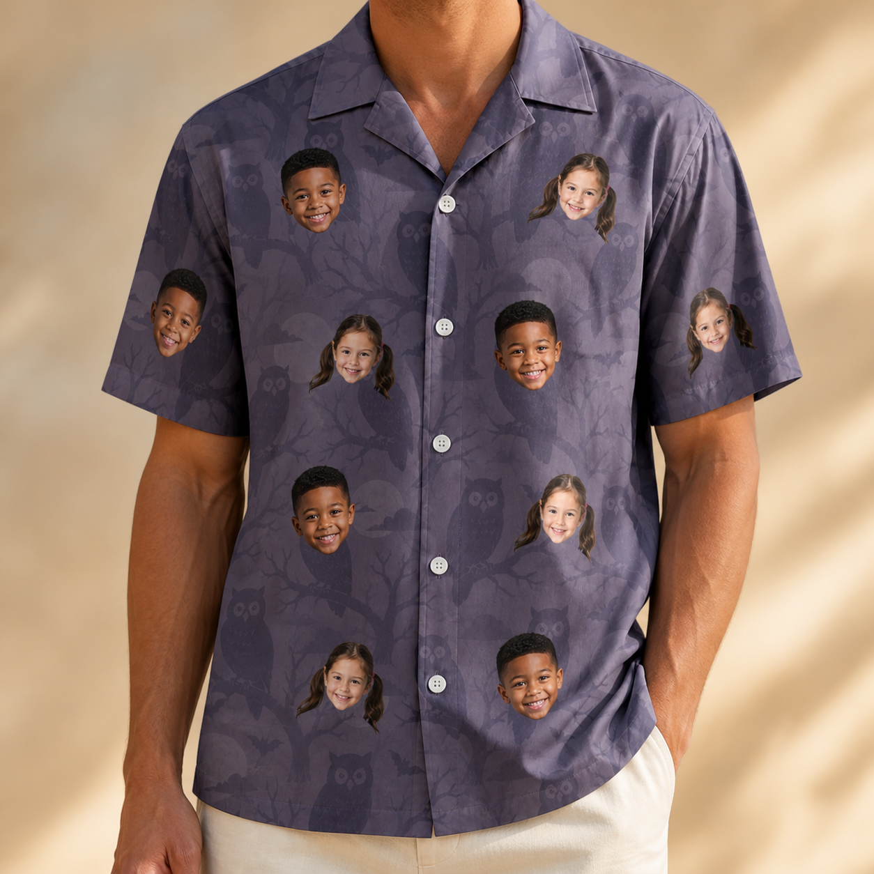 Model wearing Men's Eerie Eyries Custom Face Hawaiian Shirt printed with kids' faces