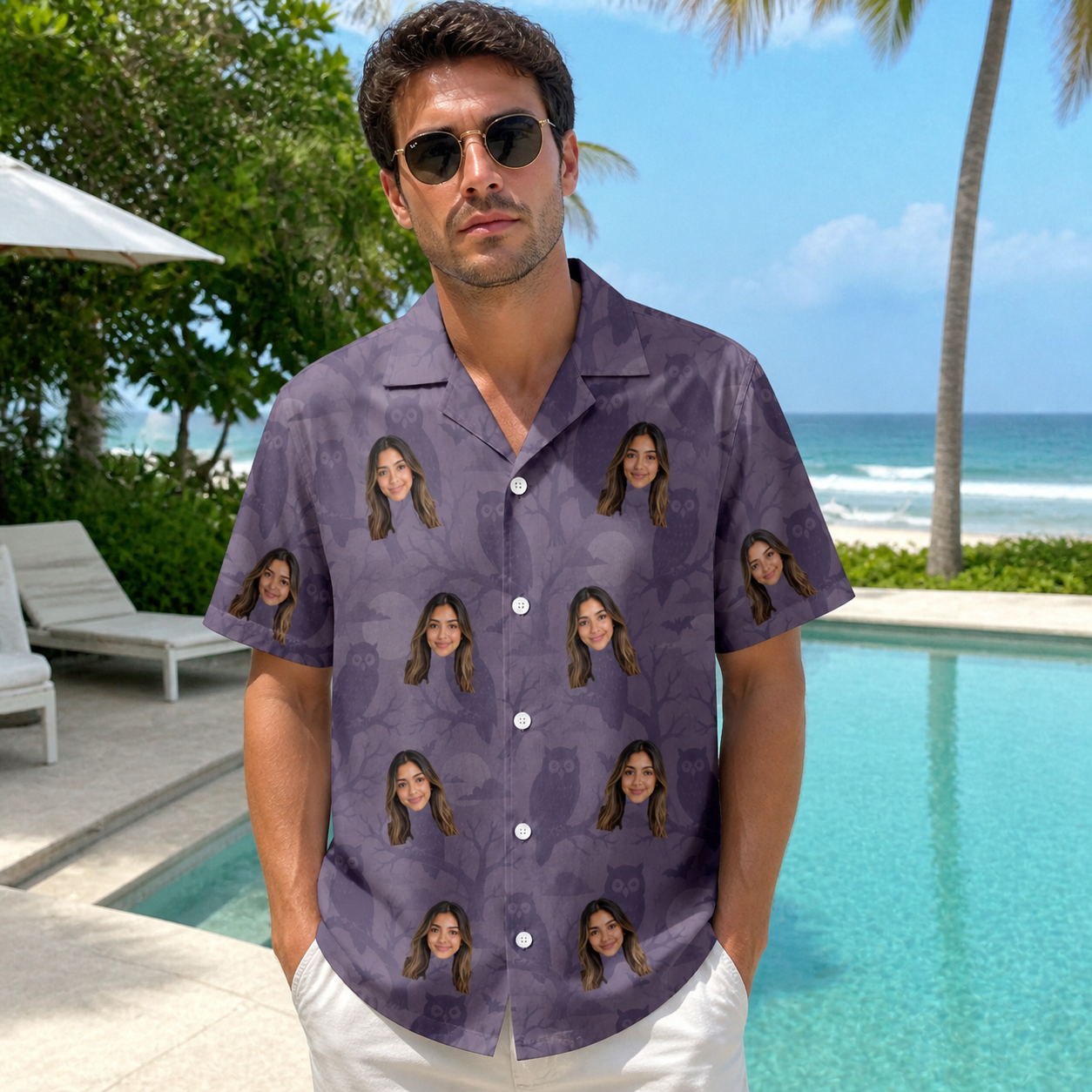 Real-life photo of someone wearing Men's Eerie Eyries Custom Face Hawaiian Shirt — custom faces printed all-over