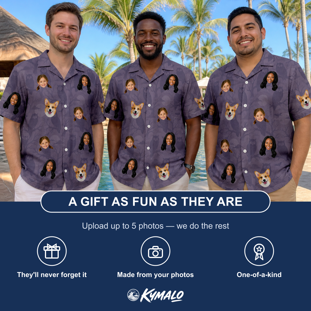 Friends in matching Men's Eerie Eyries Custom Face Hawaiian Shirt — a group gift photo
