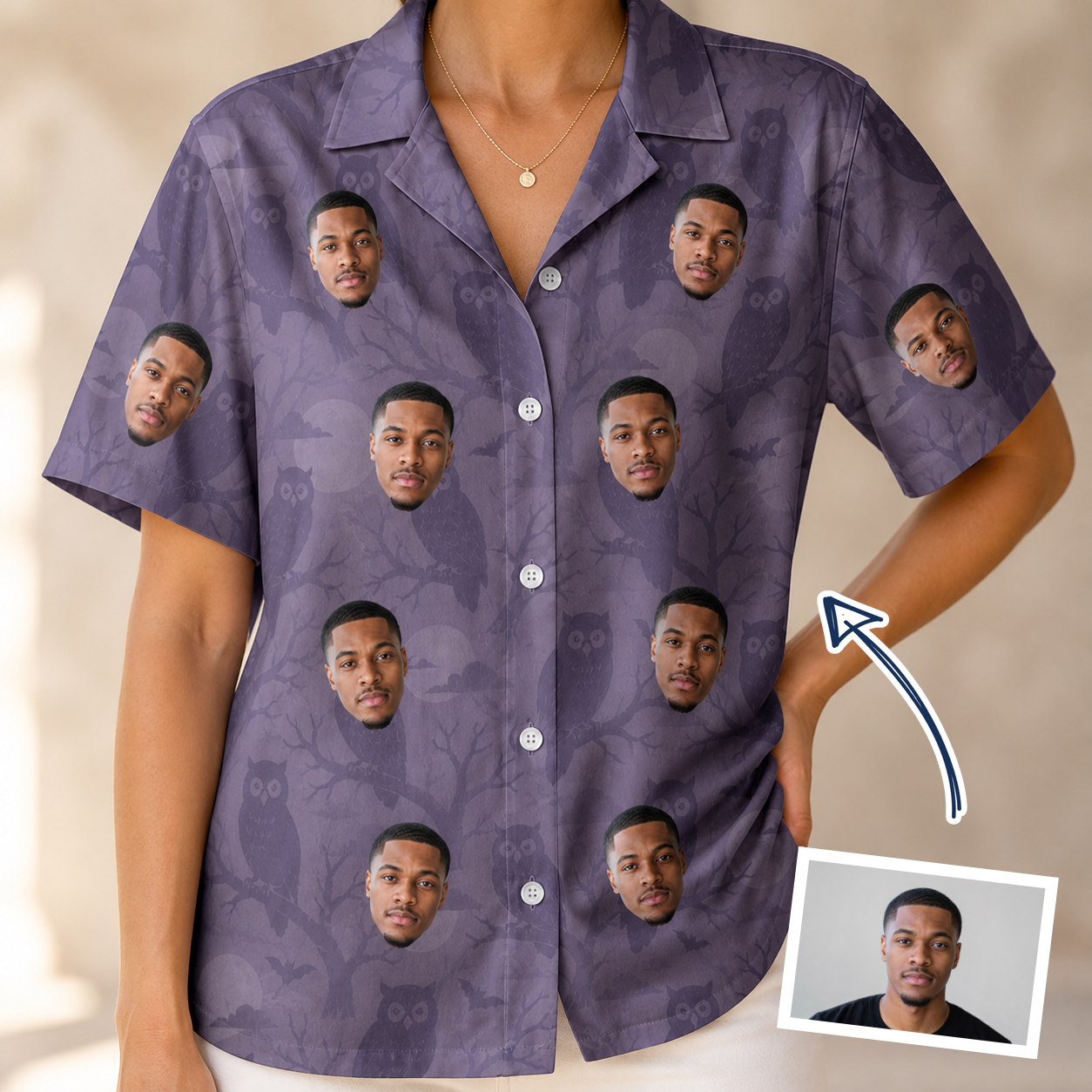 Woman wearing Women's Eerie Eyries Custom Face Hawaiian Shirt — custom faces printed all-over