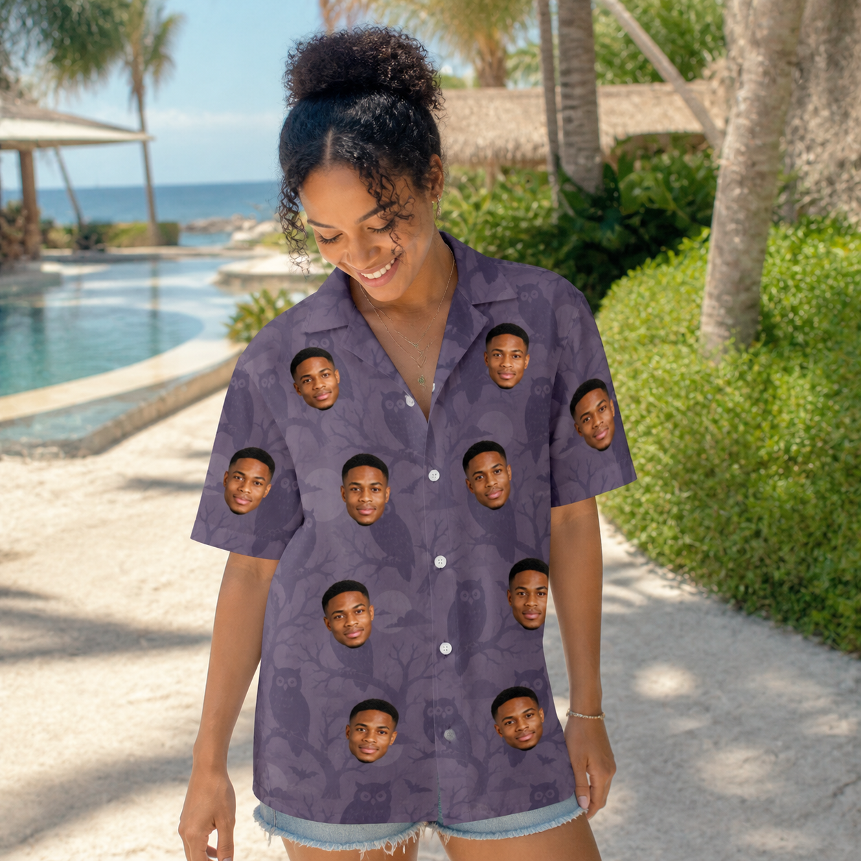 Real-life photo of someone wearing Women's Eerie Eyries Custom Face Hawaiian Shirt — custom faces printed all-over