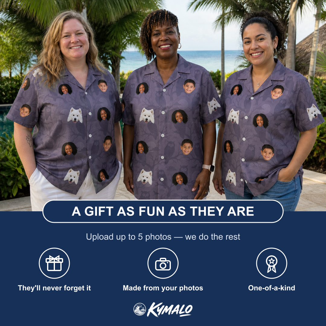 Friends in matching Women's Eerie Eyries Custom Face Hawaiian Shirt — a group gift photo