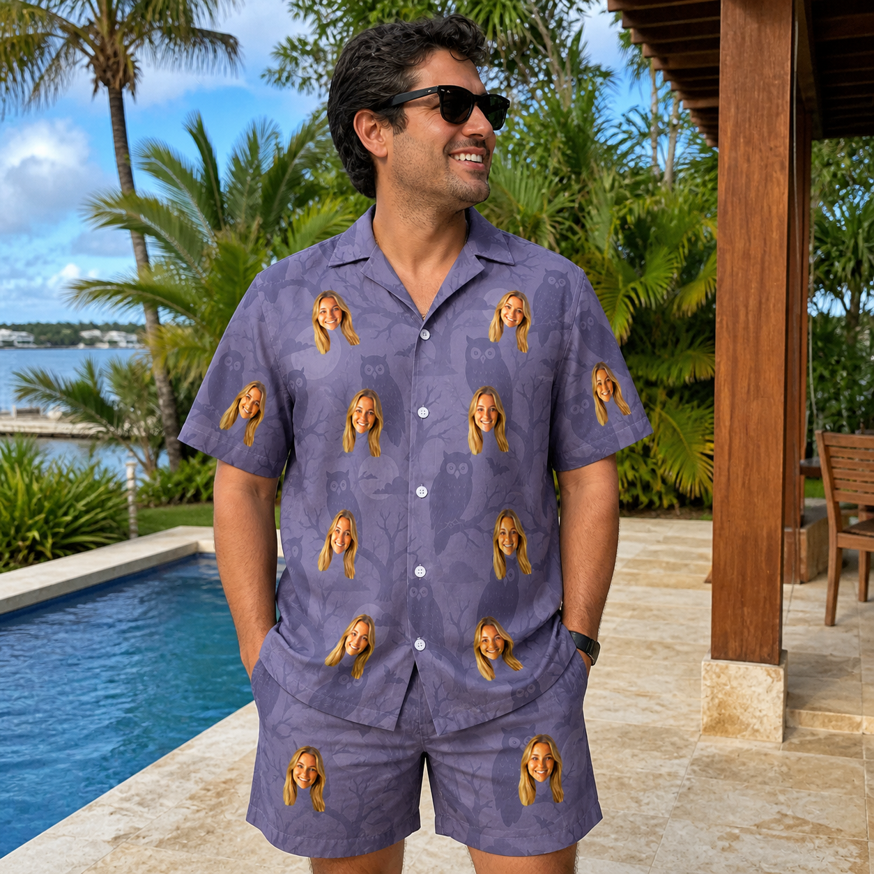 Real-life photo of someone wearing Men's Eerie Eyries Custom Face Shirt & Shorts Set — custom faces printed all-over