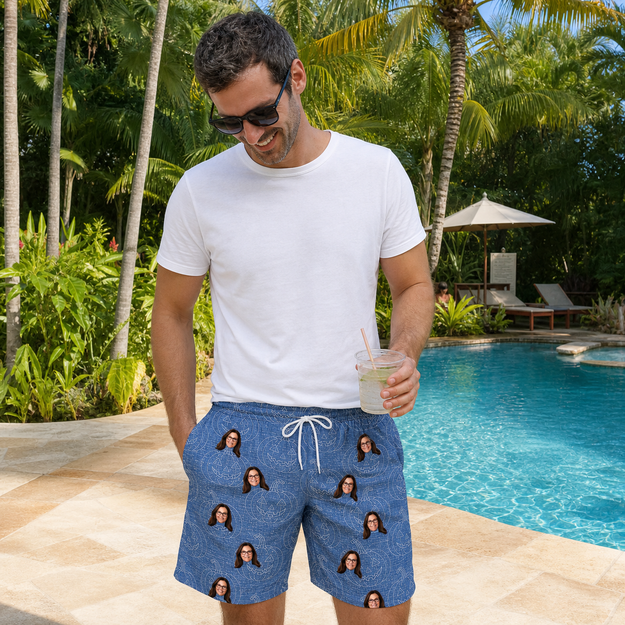 Real-life photo of someone wearing Men's Porchlight Punks Custom Face Beach Shorts — custom faces printed all-over