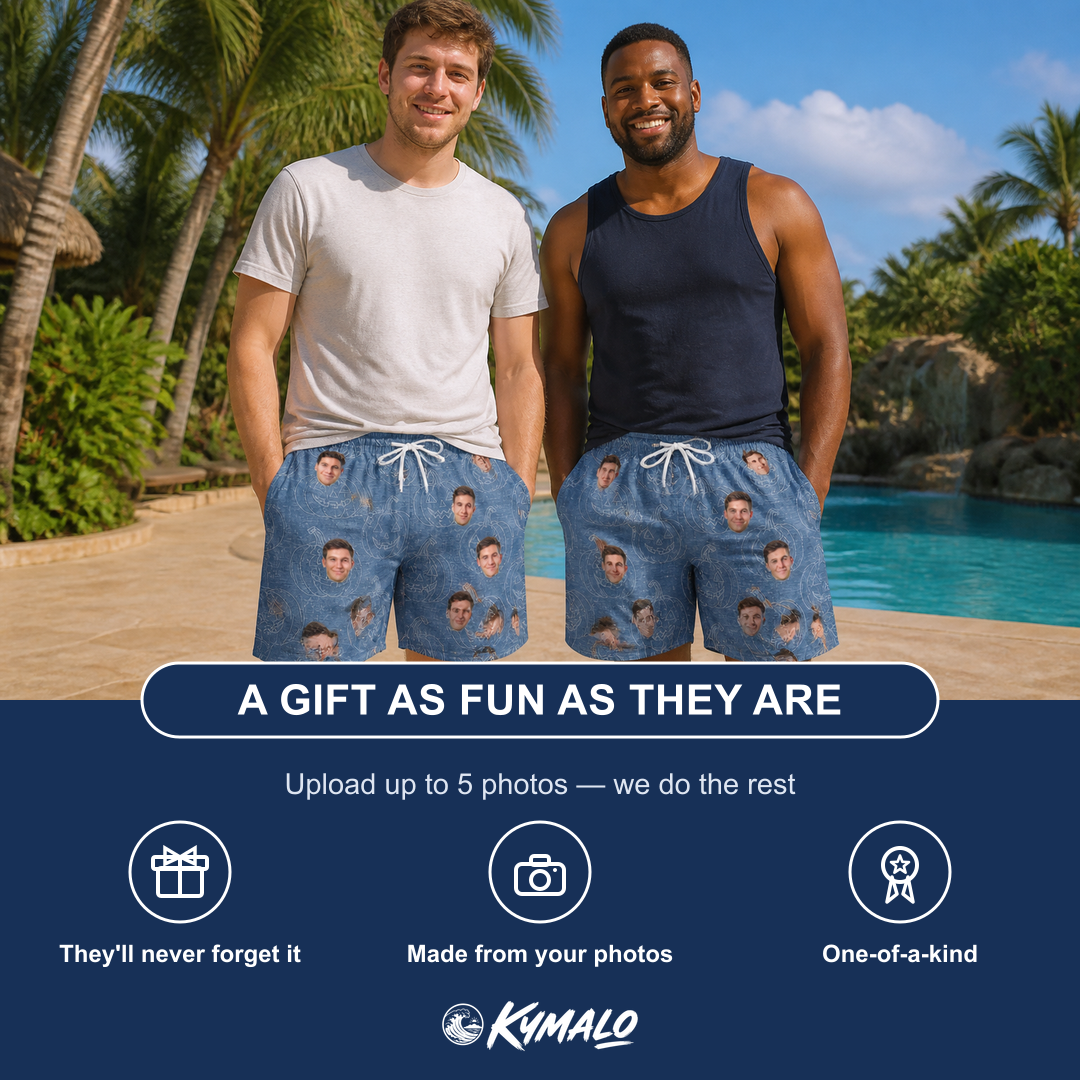 Friends in matching Men's Porchlight Punks Custom Face Beach Shorts — a group gift photo