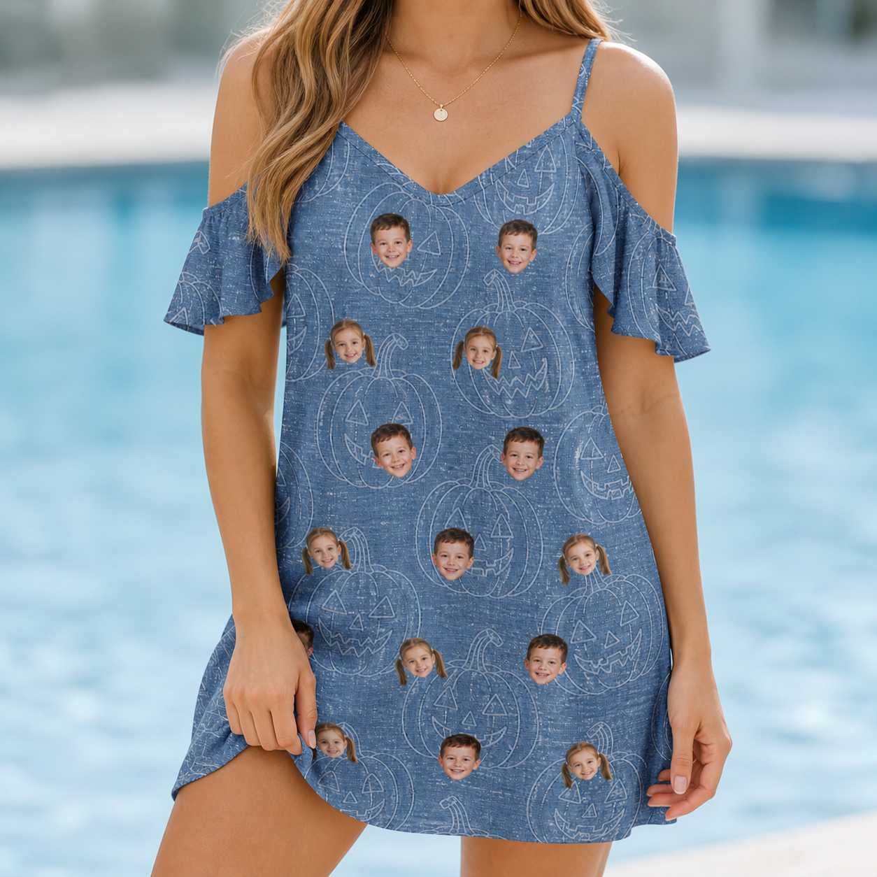 Model wearing Women's Porchlight Punks Custom Face Off-Shoulder Dress printed with kids' faces