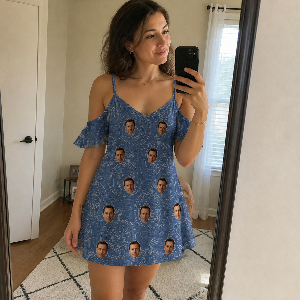 Real-life photo of someone wearing Women's Porchlight Punks Custom Face Off-Shoulder Dress — custom faces printed all-over