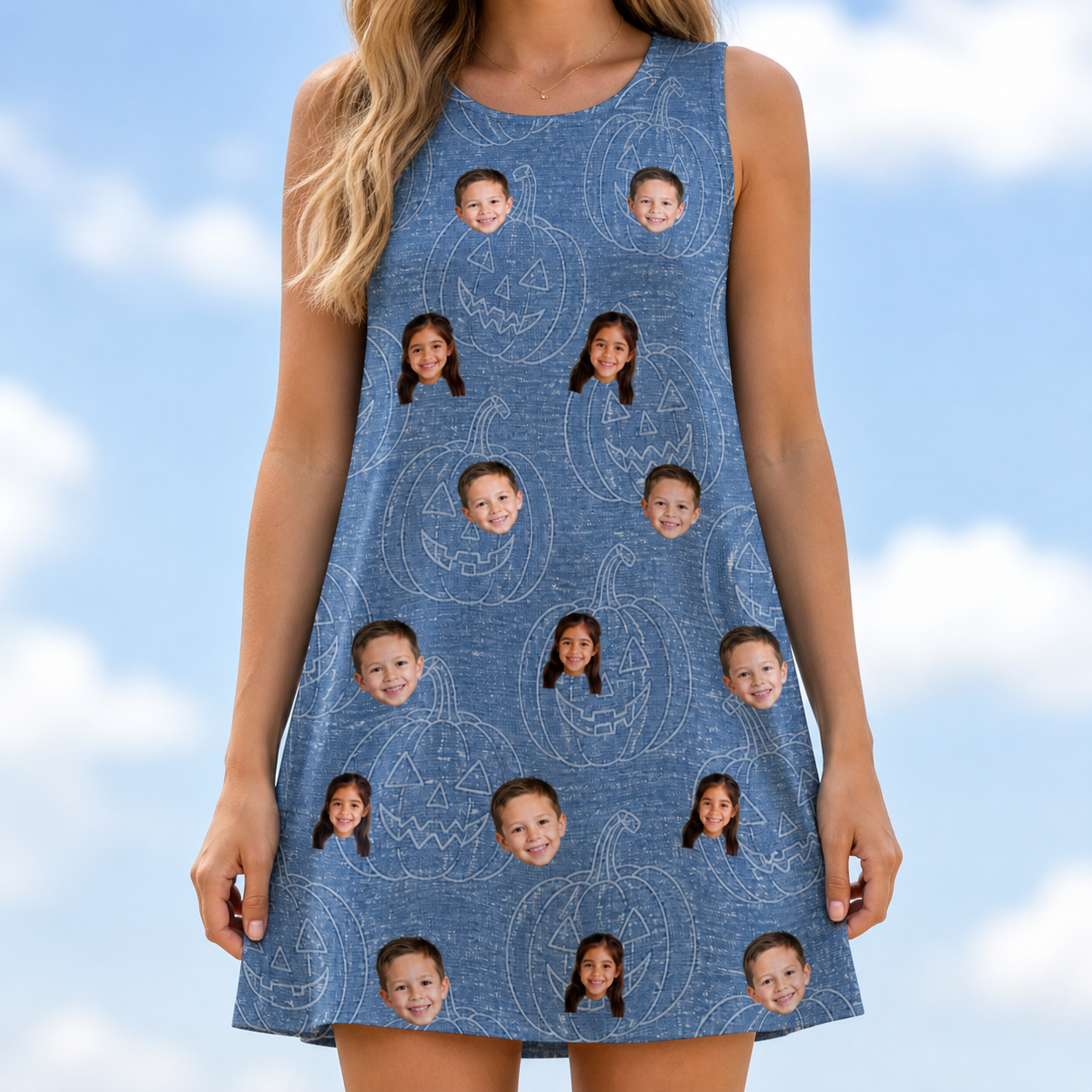 Model wearing Women's Porchlight Punks Custom Face Tank Dress printed with kids' faces
