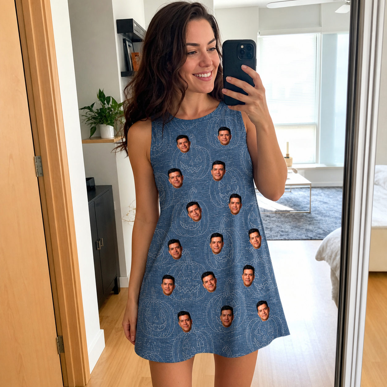 Real-life photo of someone wearing Women's Porchlight Punks Custom Face Tank Dress — custom faces printed all-over
