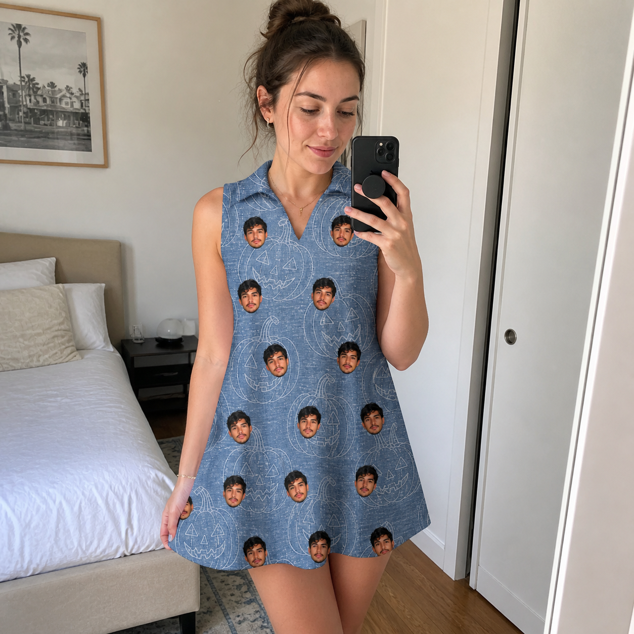 Real-life photo of someone wearing Women's Porchlight Punks Custom Face V-Neck Dress — custom faces printed all-over