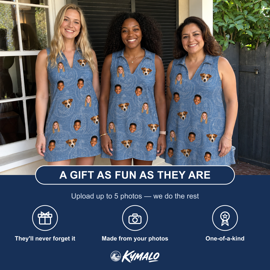 Friends in matching Women's Porchlight Punks Custom Face V-Neck Dress — a group gift photo