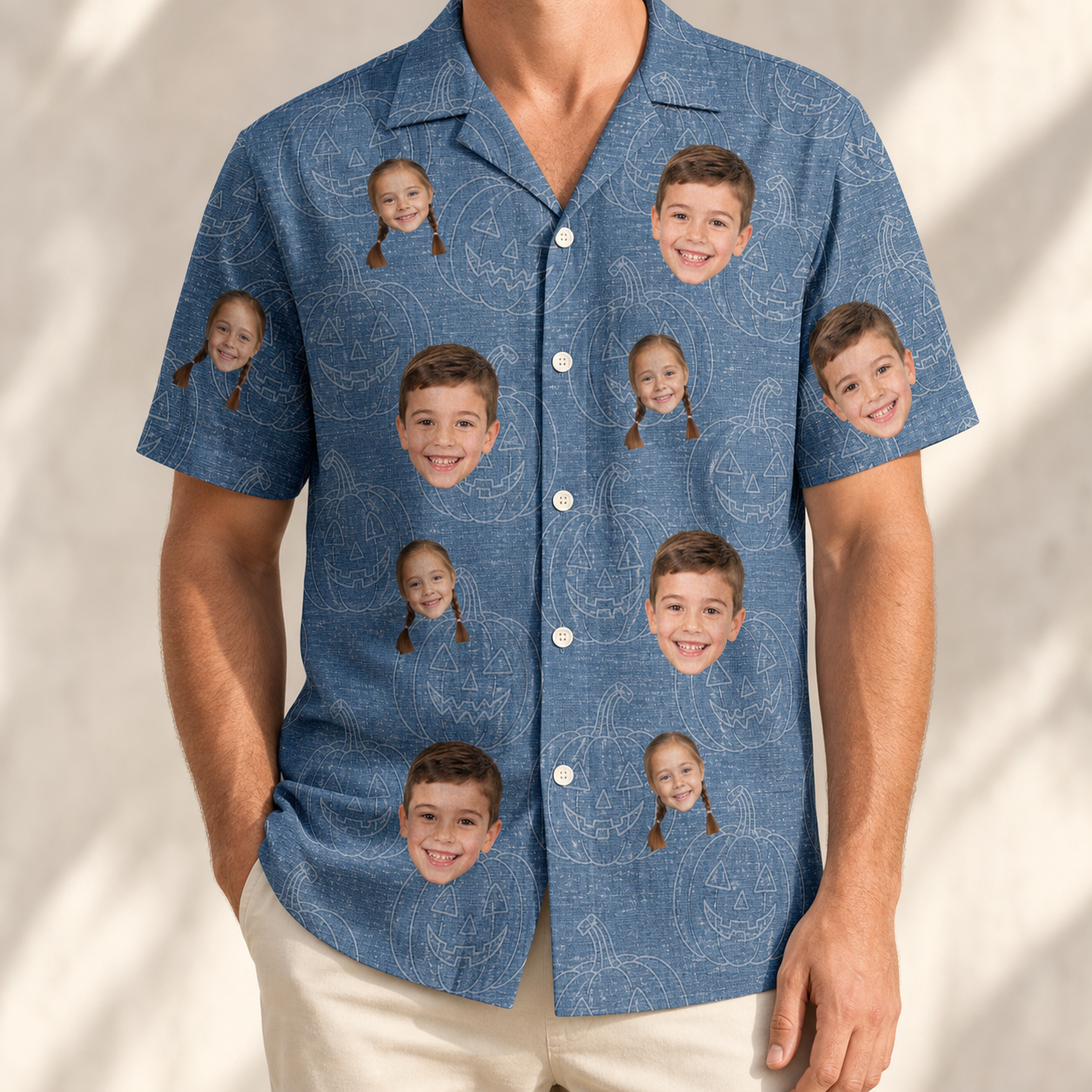 Model wearing Men's Porchlight Punks Custom Face Hawaiian Shirt printed with kids' faces