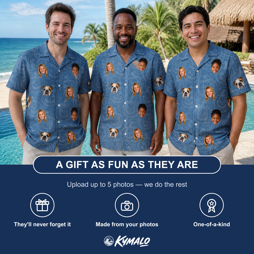 Friends in matching Men's Porchlight Punks Custom Face Hawaiian Shirt — a group gift photo