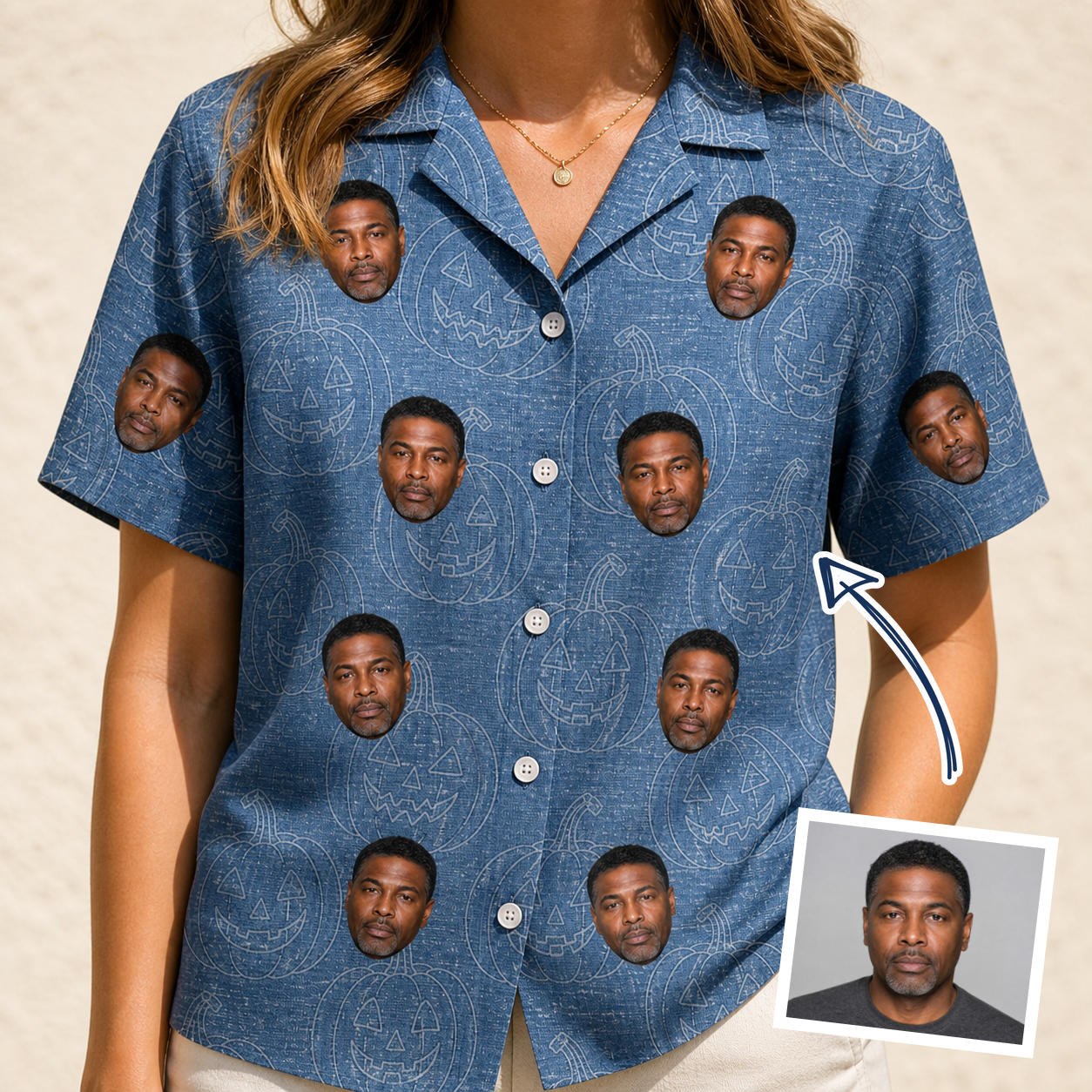 Woman wearing Women's Porchlight Punks Custom Face Hawaiian Shirt — custom faces printed all-over