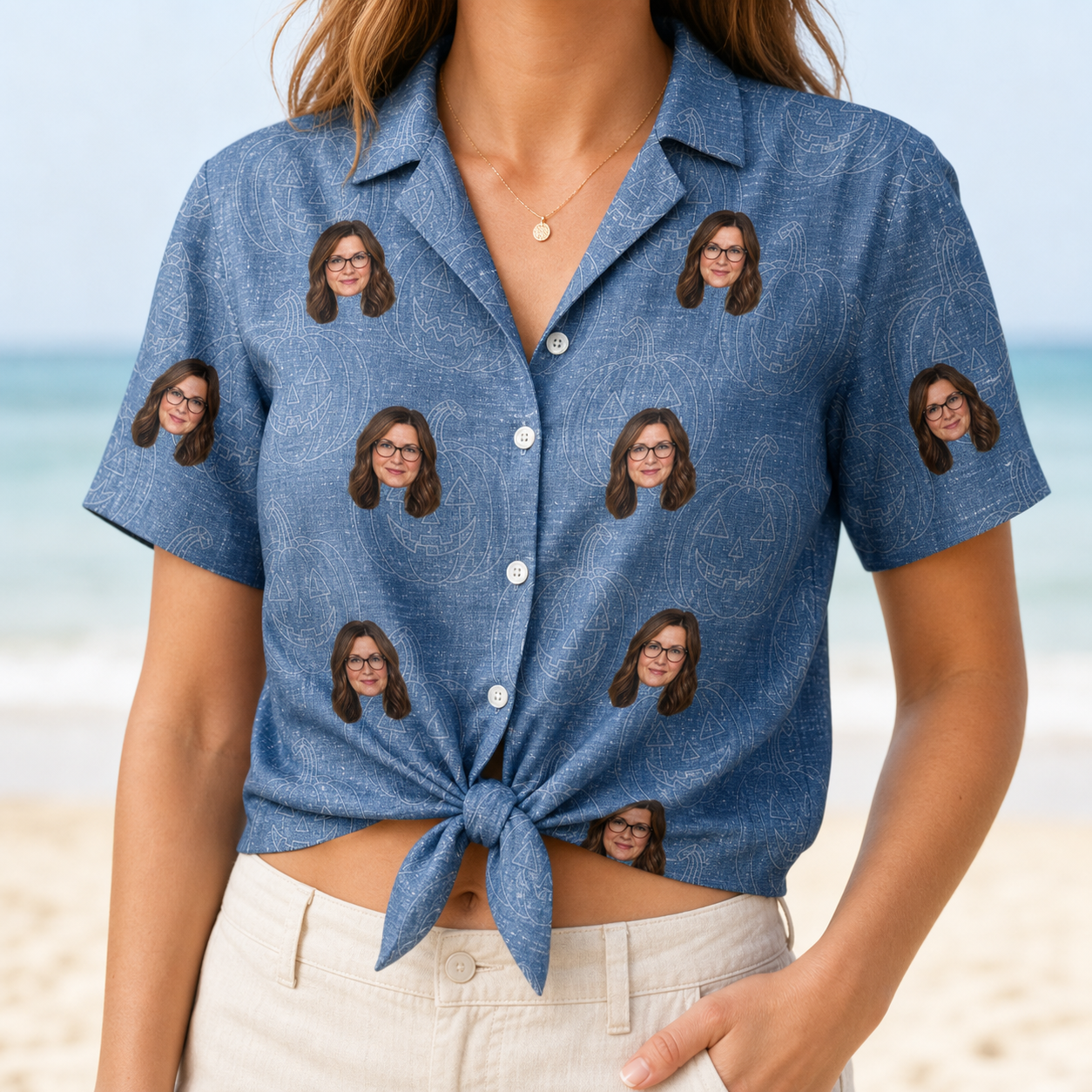 Woman wearing Women's Porchlight Punks Custom Face Hawaiian Shirt tied at the waist