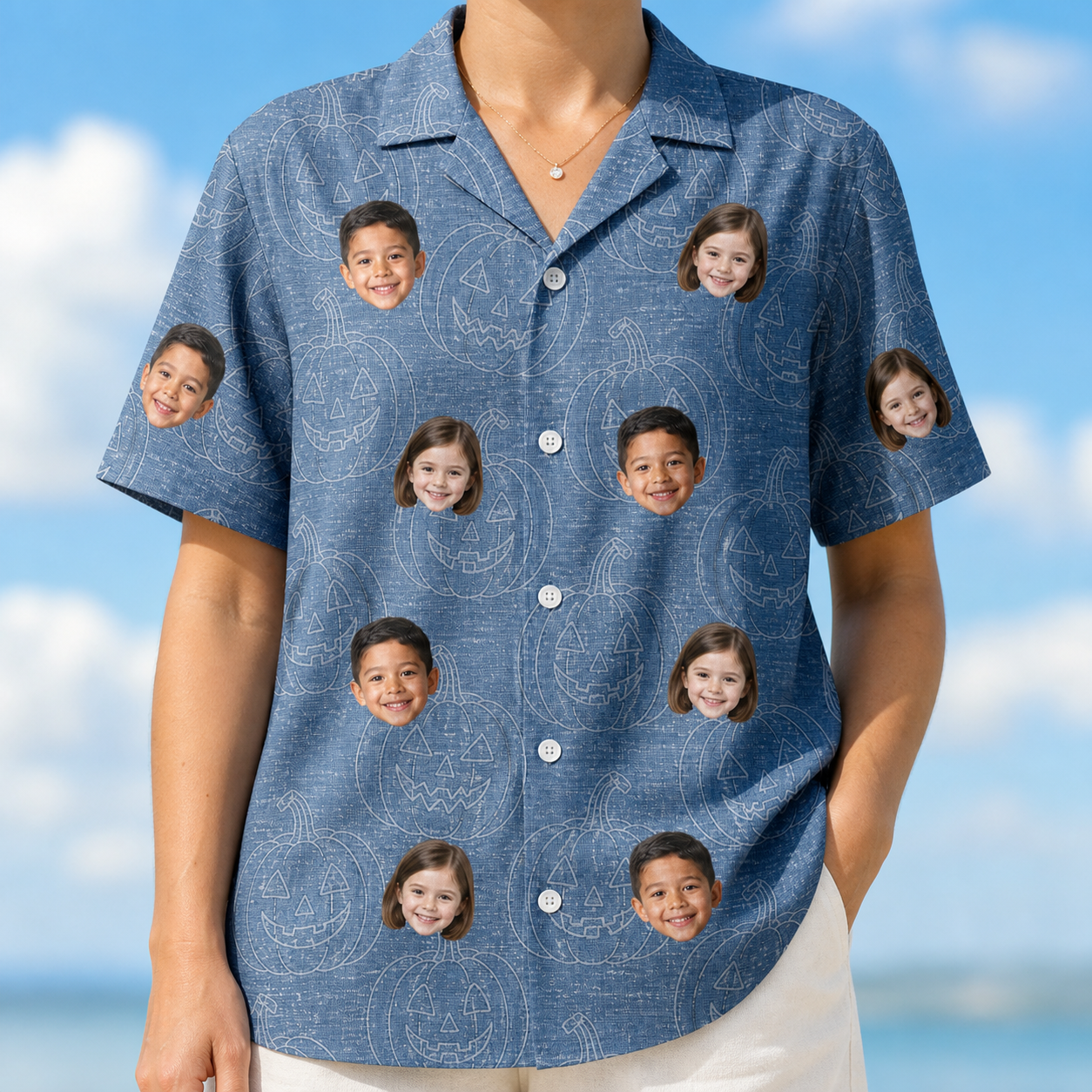 Model wearing Women's Porchlight Punks Custom Face Hawaiian Shirt printed with kids' faces