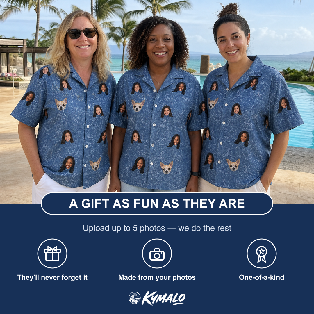 Friends in matching Women's Porchlight Punks Custom Face Hawaiian Shirt — a group gift photo