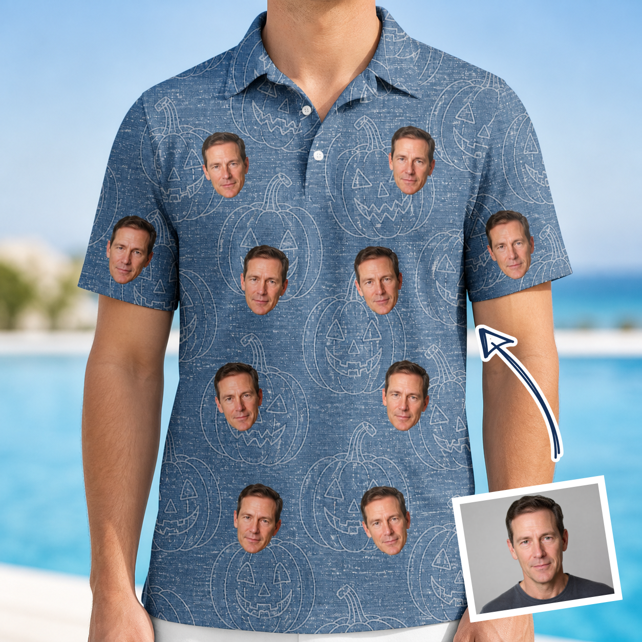 Man wearing Men's Porchlight Punks Custom Face Polo Shirt — custom faces printed all-over