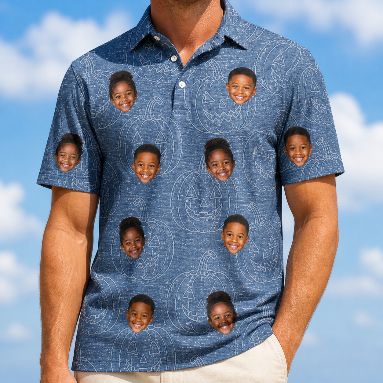 Model wearing Men's Porchlight Punks Custom Face Polo Shirt printed with kids' faces