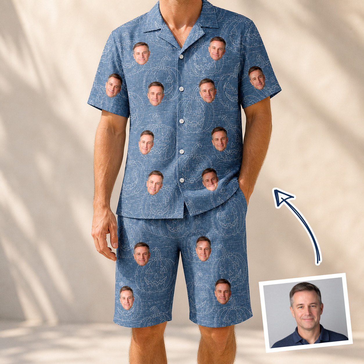 Man wearing Men's Porchlight Punks Custom Face Shirt & Shorts Set — custom faces printed all-over