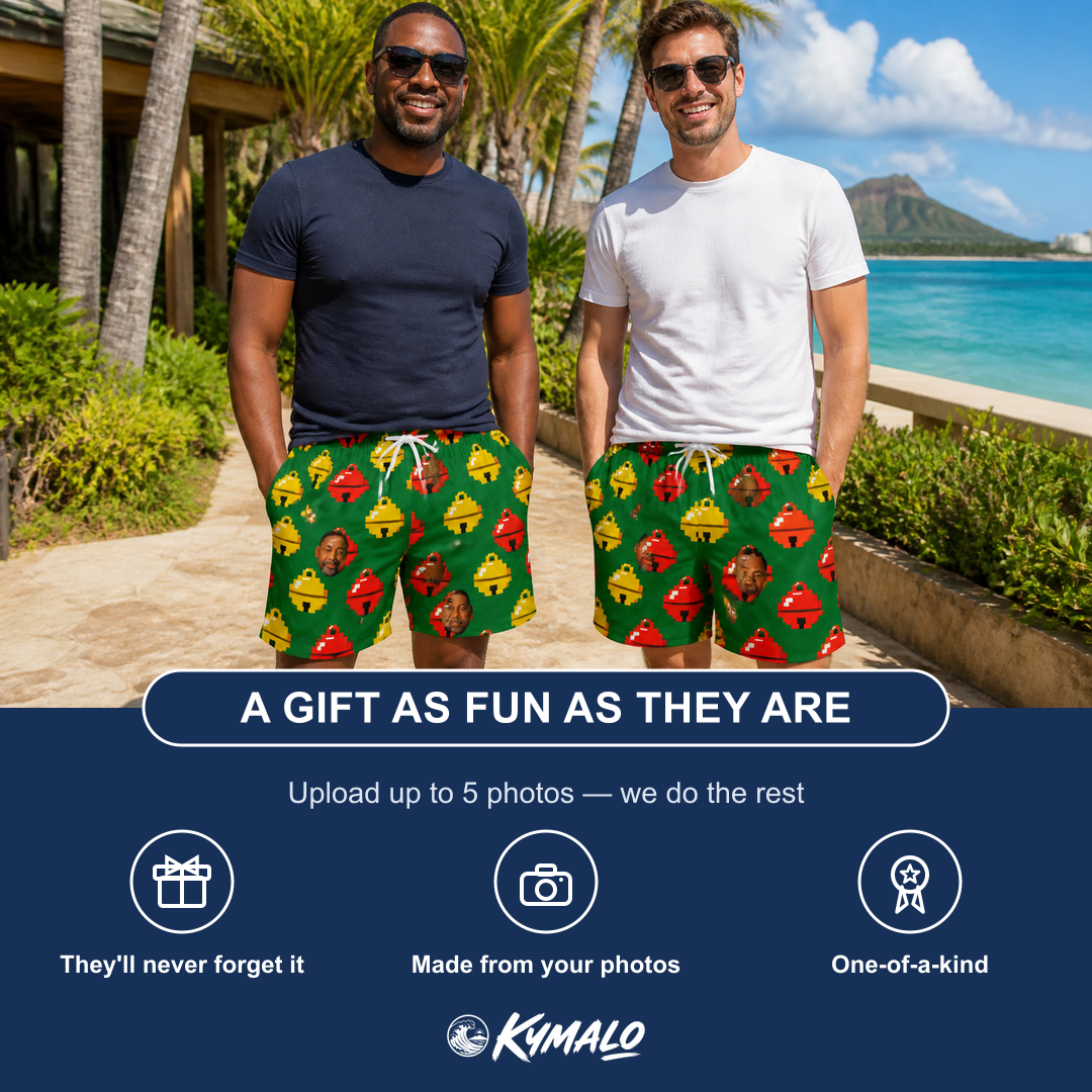 Friends in matching Men's Ringing Revelry Custom Face Beach Shorts — a group gift photo