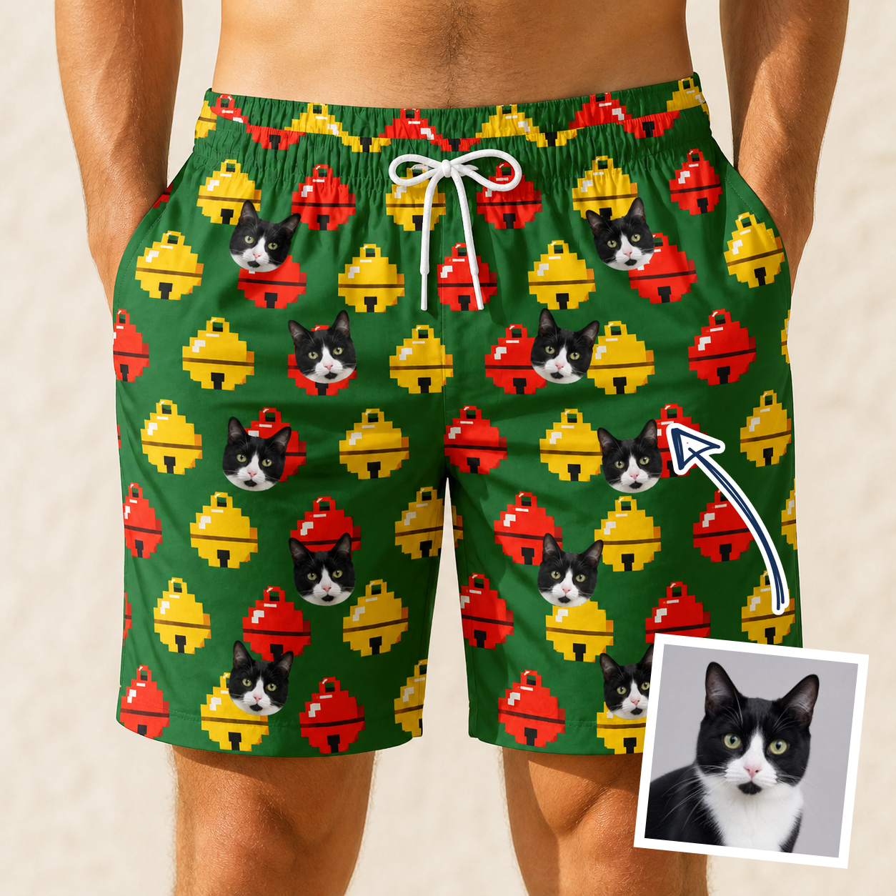 Man wearing Men's Ringing Revelry Custom Cat Face Beach Shorts — custom faces printed all-over