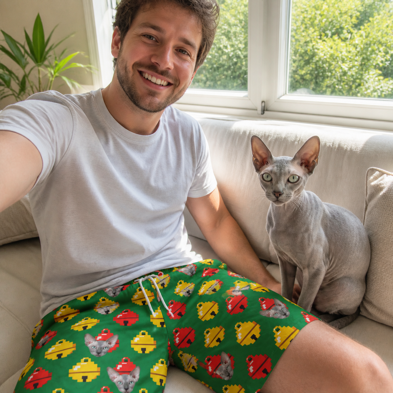 Selfie with the pet whose face is printed all over this Men's Ringing Revelry Custom Cat Face Beach Shorts