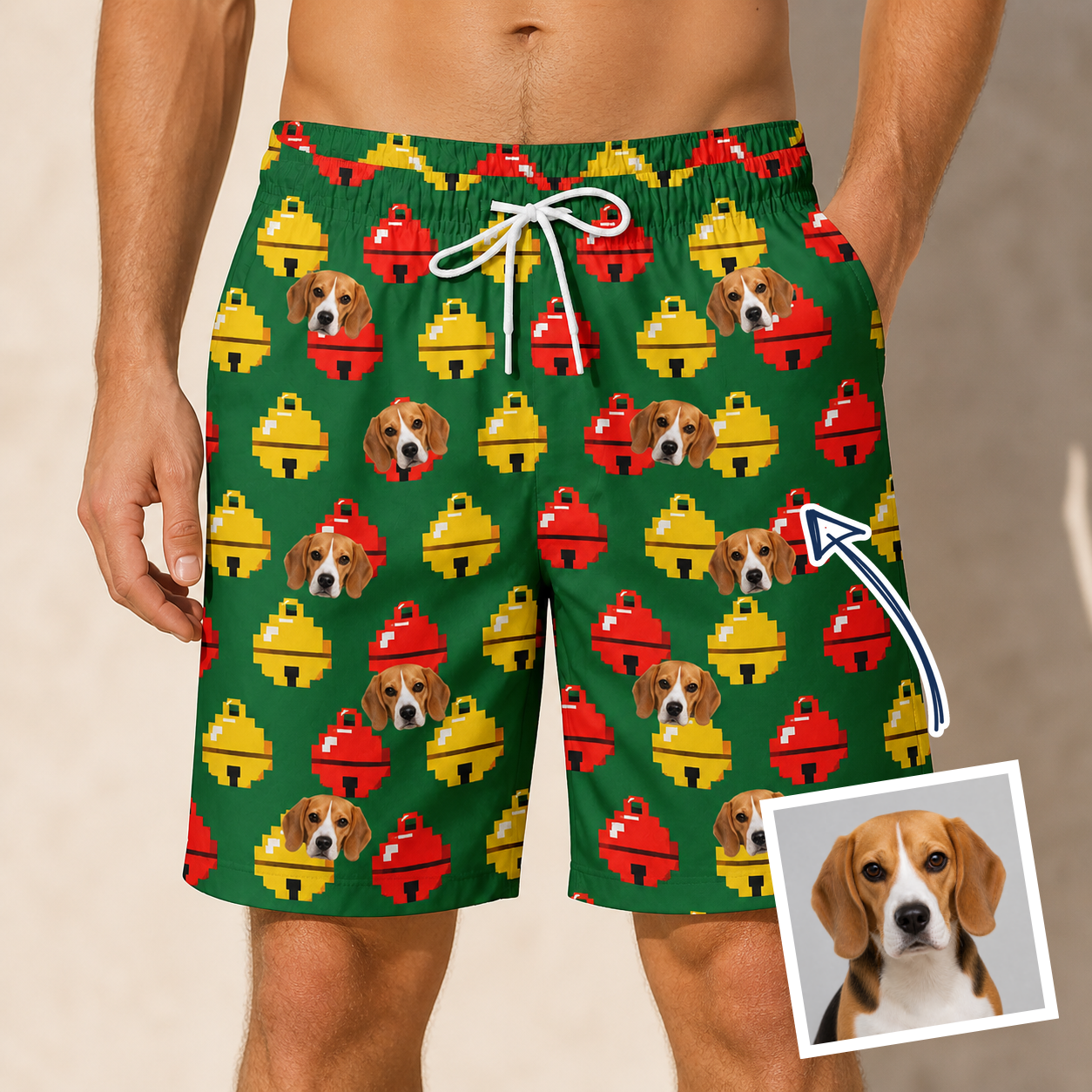 Man wearing Men's Ringing Revelry Custom Dog Face Beach Shorts — custom faces printed all-over