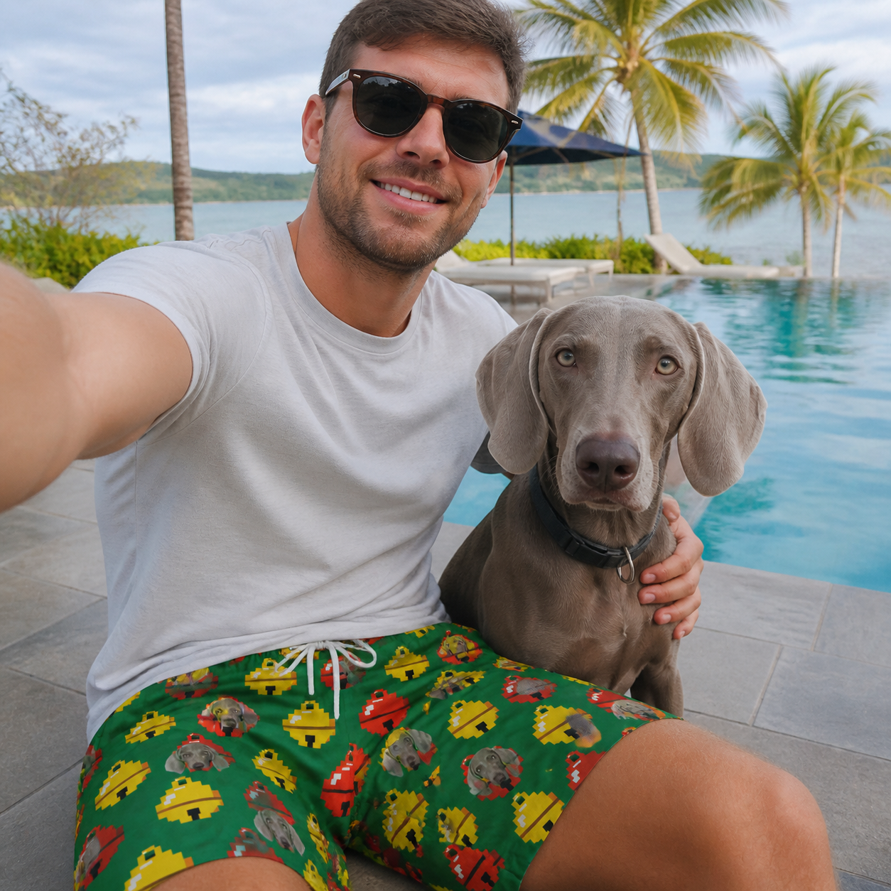 Selfie with the pet whose face is printed all over this Men's Ringing Revelry Custom Dog Face Beach Shorts