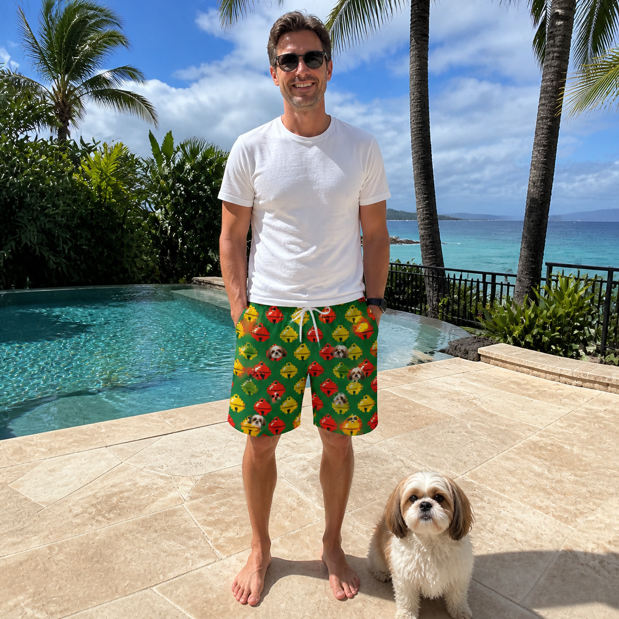 Full-length photo with the pet printed all over this Men's Ringing Revelry Custom Dog Face Beach Shorts