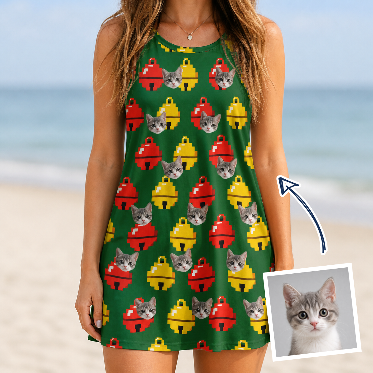 Woman wearing Women's Ringing Revelry Custom Cat Face Tank Dress — custom faces printed all-over