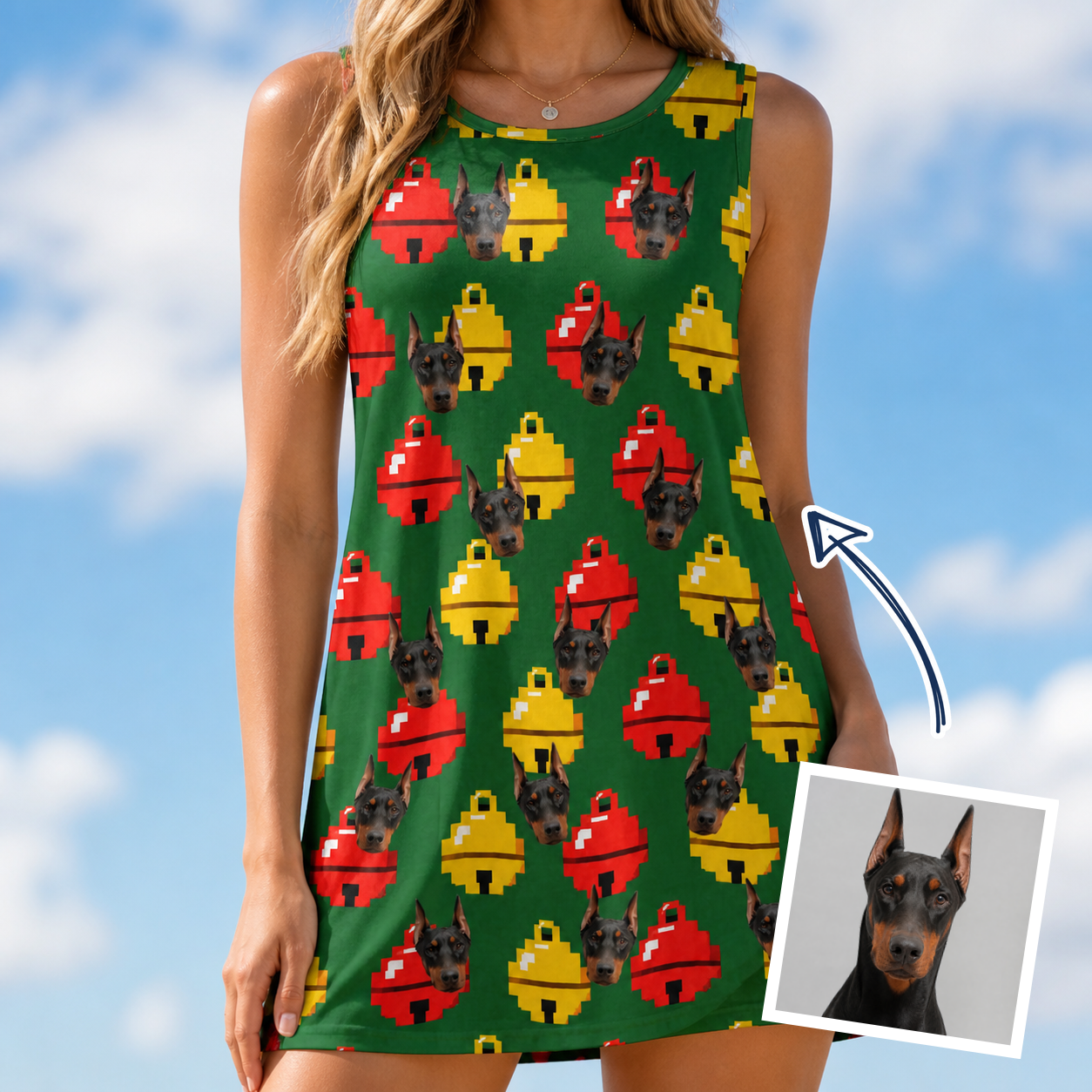 Woman wearing Women's Ringing Revelry Custom Dog Face Tank Dress — custom faces printed all-over