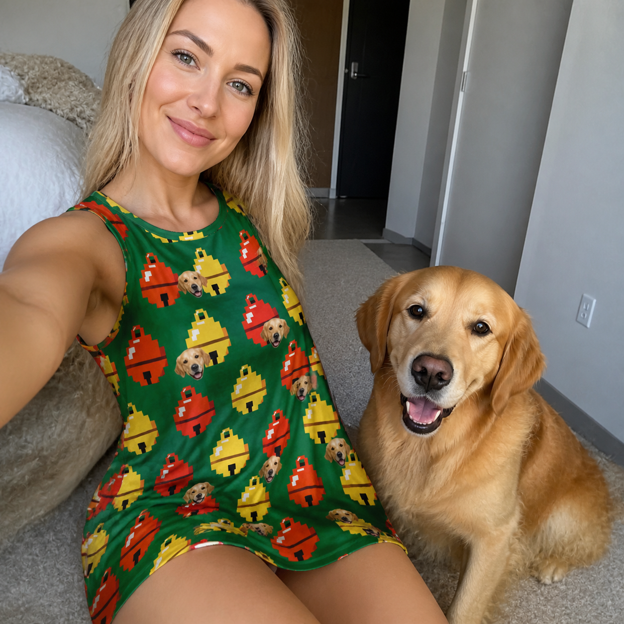 Selfie with the pet whose face is printed all over this Women's Ringing Revelry Custom Dog Face Tank Dress