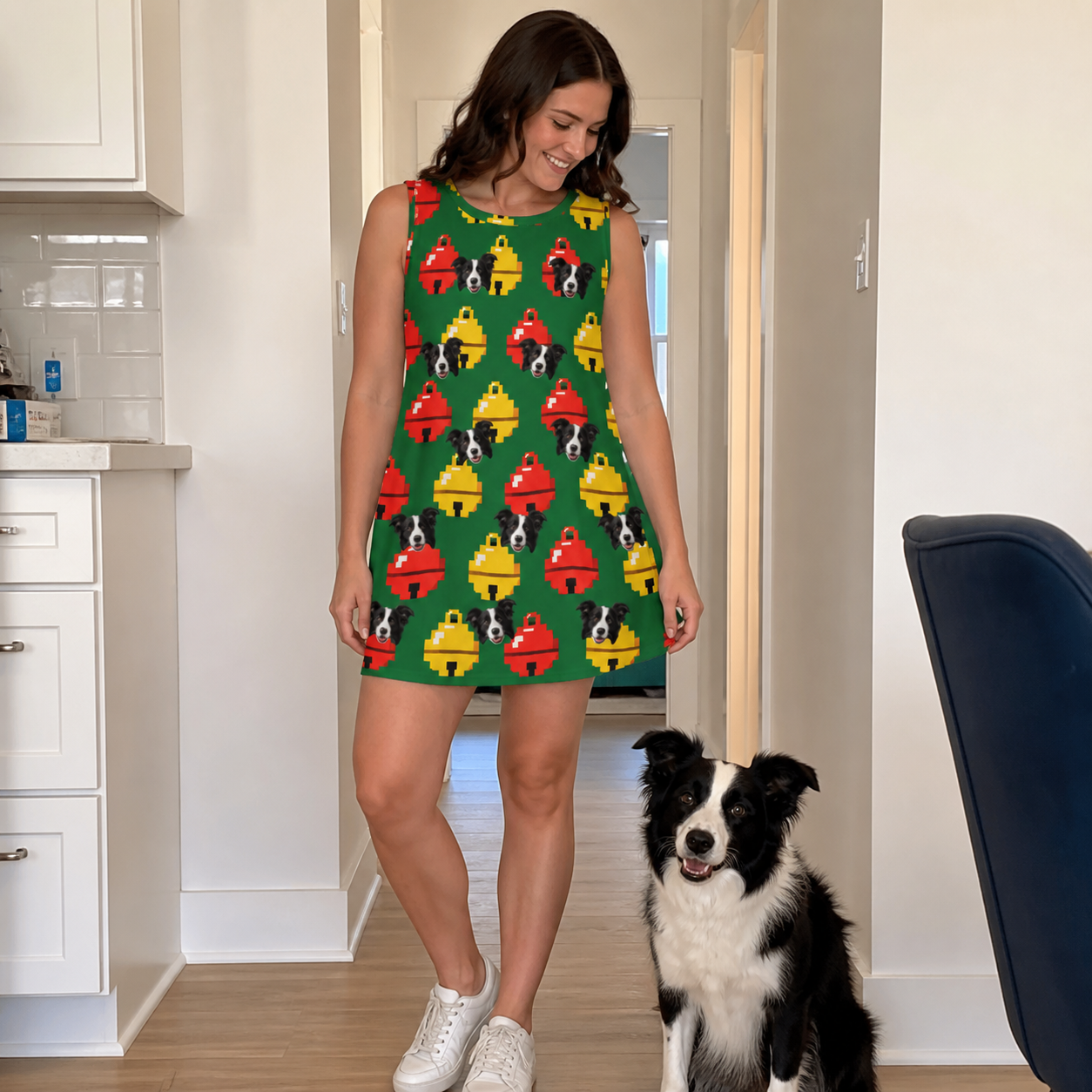 Full-length photo with the pet printed all over this Women's Ringing Revelry Custom Dog Face Tank Dress