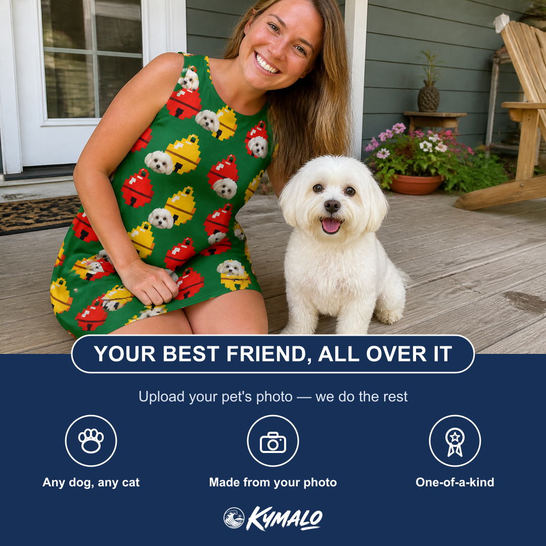 Friends in matching Women's Ringing Revelry Custom Dog Face Tank Dress — a group gift photo