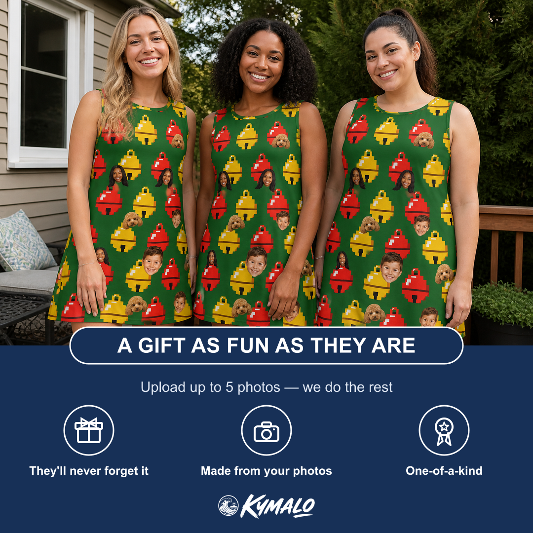 Friends in matching Women's Ringing Revelry Custom Face Tank Dress — a group gift photo