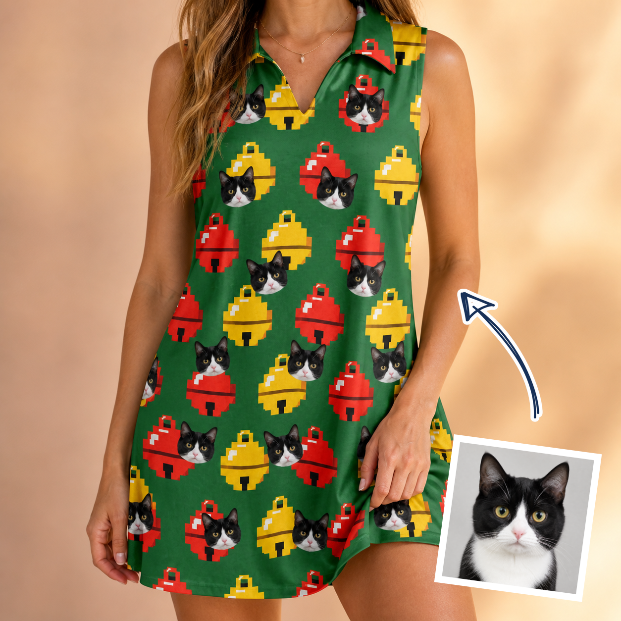Woman wearing Women's Ringing Revelry Custom Cat Face V-Neck Dress — custom faces printed all-over