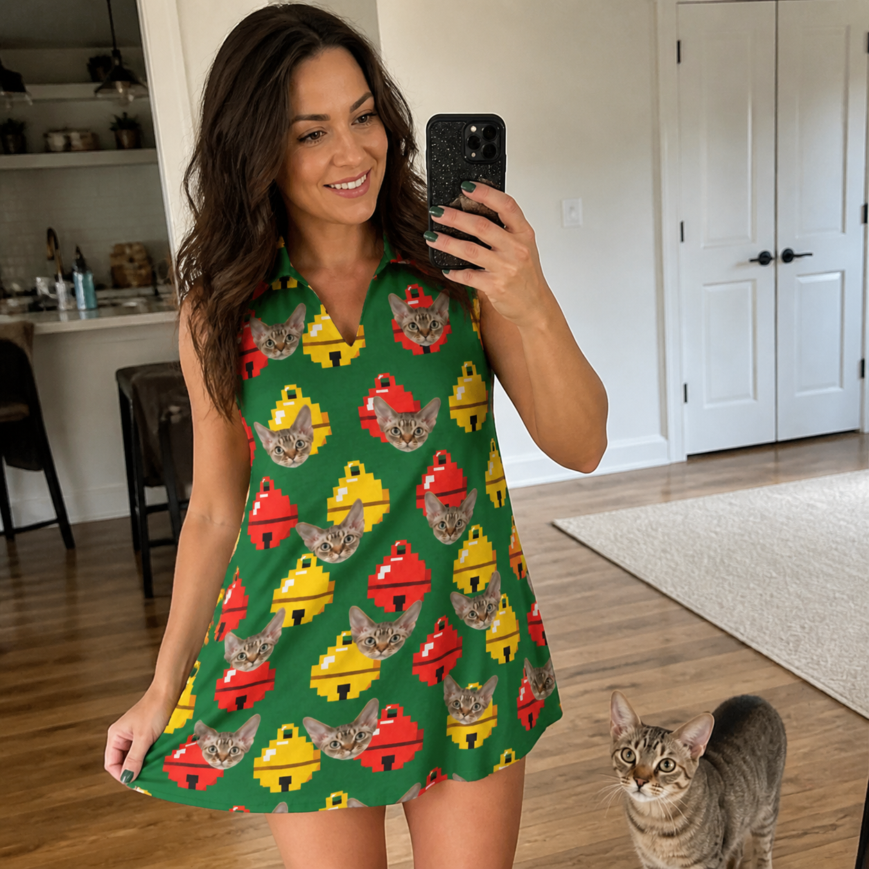 Selfie with the pet whose face is printed all over this Women's Ringing Revelry Custom Cat Face V-Neck Dress