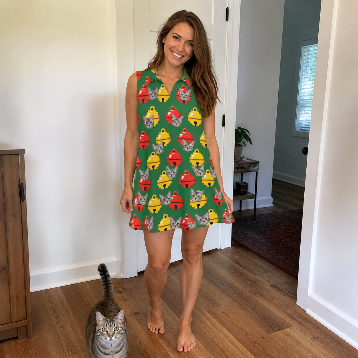 Full-length photo with the pet printed all over this Women's Ringing Revelry Custom Cat Face V-Neck Dress