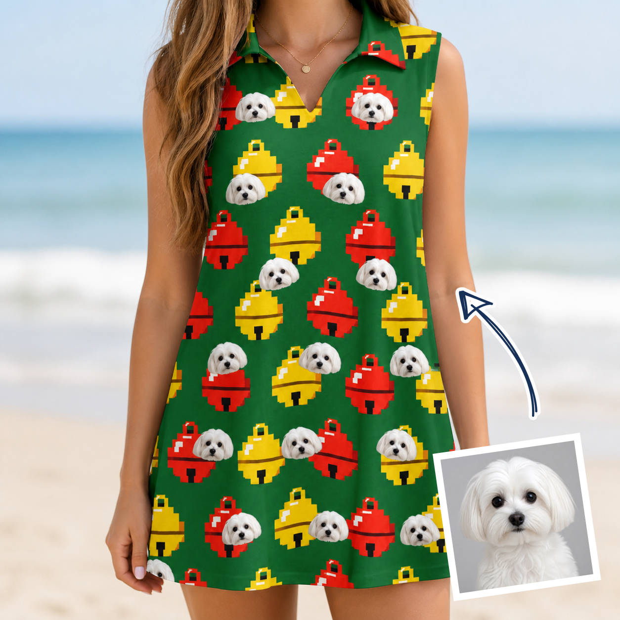 Woman wearing Women's Ringing Revelry Custom Dog Face V-Neck Dress — custom faces printed all-over